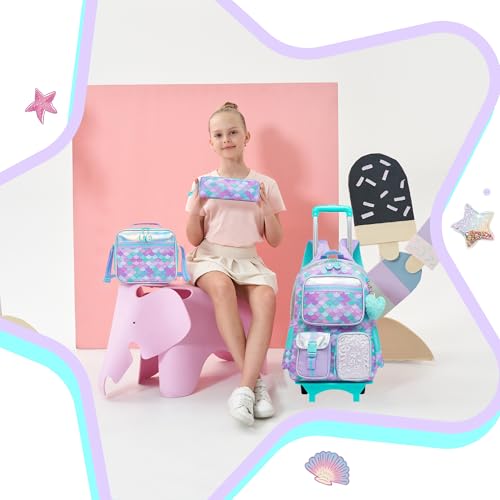 Meetbelify Backpack with Wheels for Girls Rolling Backpack Cute Carry on Backpack with Lunch Box for Elementary Student Teen Girls Luggage Travel Suitcase Girls 8-10 Mermaid - color: Mermaid