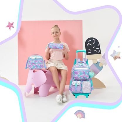 Meetbelify Backpack with Wheels for Girls Rolling Backpack Cute Carry on Backpack with Lunch Box for Elementary Student Teen Girls Luggage Travel Suitcase Girls 8-10 Mermaid - color: Mermaid