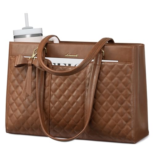 LOVEVOOK Laptop Tote Bag for Women,15.6 Inch Work Bags PU Leather Teacher Tote Bag,Waterproof Quilted Computer Bag for Office Professional Briefcase Gifts - color: Retro Brown-a, size: 15.6 Inch
