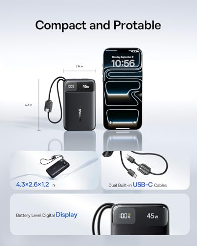 Baseus 100W 6.6ft Retractable USB C Fast Charging Cable, Bundle with 20000mAh Compact Portable Charger 45W, CCC Certified Power Bank Built-in USB-C Cables