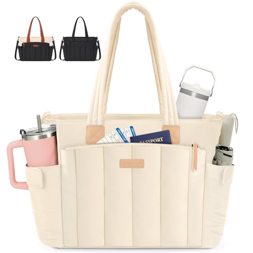 RAINSMORE Puffer Tote Bag for Women, 15.6 Inch Large Work Tote Laptop Bag | Quilted Tote with 40oz Cup Holder, Lightweight Shoulder Bag for Teacher Travel Business Casual Office Professional, Beige - color: Beige