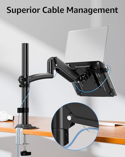 MOUNTUP Laptop Desk Mount, Adjustable Laptop Stand for max 17" Notebook or 32" Monitor, Laptops Arm Mount for Desk Holds 4.4-22lbs, Tall Laptops Stand with Clamp/Grommet - size: Single, style: With Pole