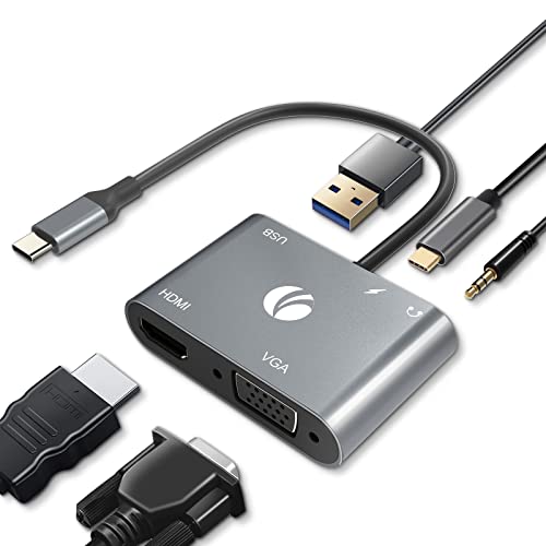 VCOM USB C to HDMI VAG Adapter, 5-in-1 USB C Hub with 100W Power Delivery, 4K HDMI, 1080P VGA, USB 3.0 Port, OTG Adapter Compatible with MacBook Air, iPad Pro, Dell XPS, Surface Pro (Grey) - color: Grey