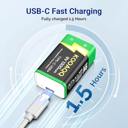 6-Pack Rechargeable 9v Batteries, USB-C Recharge 1300mAh 9 Volt Lithium-ion Long Lasting Power for SmokAlarms, Microphones, Multimeters, Walkie-Talkie, Metal Detector, Toys, with 2 in 1 Charging Cable - size: 6-Pack