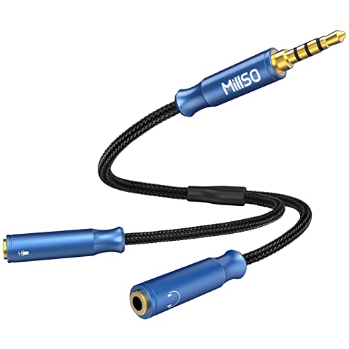 MillSO Headphone Mic Splitter 3.5mm Headset Adapter TRRS Male to 2 TRS Female [Nylon Braid & Young Series] Mic & Audio Y Splitter Cable for Gaming Headset to PC, Xbox, Laptop, PS4, PS5 - color: Sea Blue