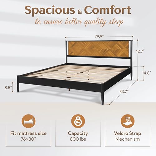 Howizz Lenia Solid Wood King Bed Frame with Headboard, Mid Century Modern Rustic Farmhouse Style, Chevron Diamond Pattern, Solid Acacia Wood Platform Bed, King Size, Golden Brown Black, Noise Free - color: Teak Brown, size: King Bed Frame
