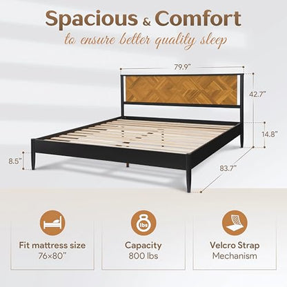 Howizz Lenia Solid Wood King Bed Frame with Headboard, Mid Century Modern Rustic Farmhouse Style, Chevron Diamond Pattern, Solid Acacia Wood Platform Bed, King Size, Golden Brown Black, Noise Free - color: Teak Brown, size: King Bed Frame