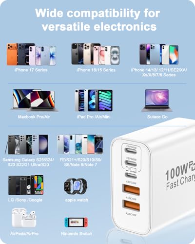 FEEL2NICE 100W USB C Charger Block, 5-Port Fast Wall Charger [3 PD USB-C & 2 QC 3.0 USB-A], Compact Adapter for MacBook Pro, iPad, iPhone 17/16/15 Pro Max, Galaxy S26/S25 Ultra, Laptop