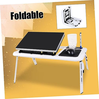 OSALADI Foldable Laptop Table with Dual Fans and Adjustable Height Ergonomic Tray for Bed Couch Desk Black White Design with Mouse Platform and Non-Slip Legs