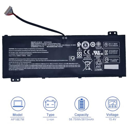 AP18E7M AP18E8M Battery for Acer Nitro 5 AN515-54 AN517-51 Nitro 7 AN715-51 Aspire 7 A715-74G Predator Helios 300 PH315-52 PH317-53 Triton 300 PT315-51 Series 4ICP4/69/90 4ICP4/70/88 15.4V 58.75Wh - size: 8.23*2.76*0.31 inch AP18E7M