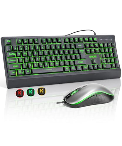 USB Wired Keyboard and Mouse Combo with Backlit, Large Print for Computer | Red/Green/Yellow Light Up, Silent, Multimedia Keys, Number Pad, 4 Levels DPI RGB Mouse for PC PS5 Office, Elderly Low Vision