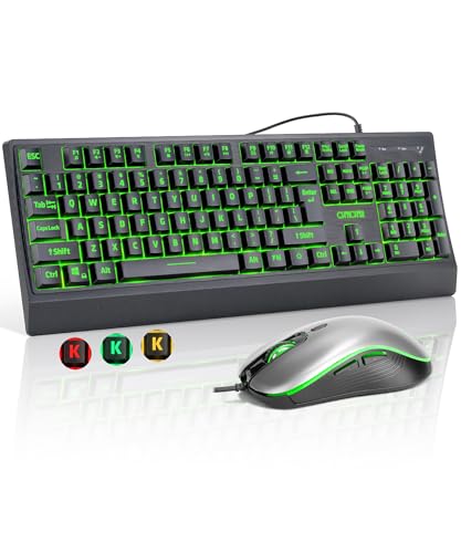 USB Wired Keyboard and Mouse Combo with Backlit, Large Print for Computer | Red/Green/Yellow Light Up, Silent, Multimedia Keys, Number Pad, 4 Levels DPI RGB Mouse for PC PS5 Office, Elderly Low Vision