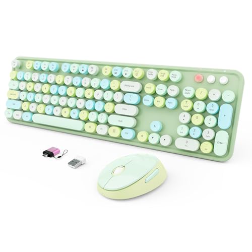 Wireless Keyboard and Mouse Combo, Ergonomic Full Size Typewriter Retro Round Keycaps Keyboard, Compatible with Windows, PC, Perfer for Home and Office Keyboards (Green - color: Vibrant Green