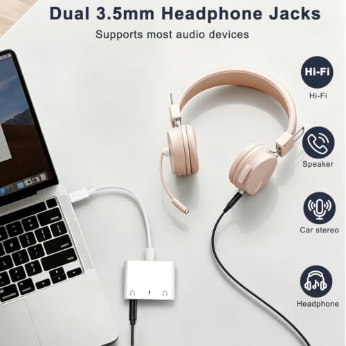 3 in 1 Headphone Adapter for iPad, Headphone Splitter for 2 Headphones | USB C to 3.5mm Jack Audio Adapter with 60W Fast Charging for iPhone 17/16/15 Pro/Max/Plus, iPad, Galaxy S26/S25/S24