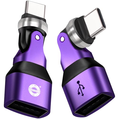 USB A to USB C Adapter, 540° Rotation Swivel Right Angle 90 Degree Connector, 240W PD Fast Charging, E-Marker Chip, Port Protection for Phone iPad Data Transfer, Non-Magnetic, 2Pack - color: Purple, size: 540-2P