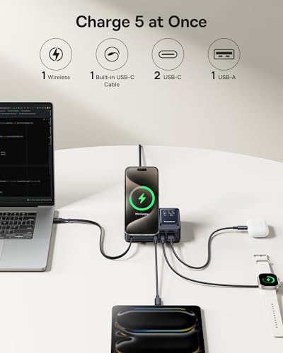 Baseus Nomos 5-in-1 Charging Station 140W, Qi2 Certified 15W Magnetic Wireless Charger with 100W Retractable Cable, GaN Fast USB C Desktop Charger for Magsafe, iPhone 16/15 Pro Max, MacBook Pro - size: 140W