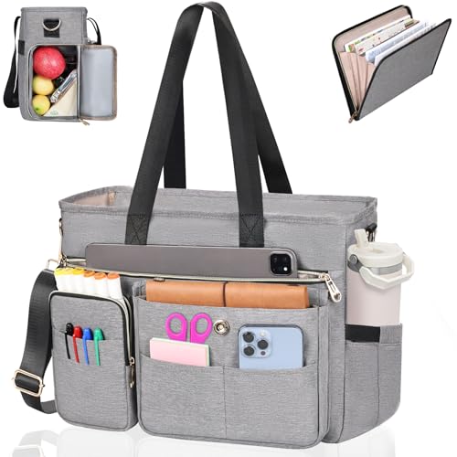 ESTARER Teacher Tote Bag for Women 2Pcs, 15.6'' Laptop Work Bag Computer bag w/Expandable File Folder, Large Water-Resistant Messenger Shoulder bag w/Insulated Pocket for Office/Travel/College, Grey - color: Grey, size: 15.6