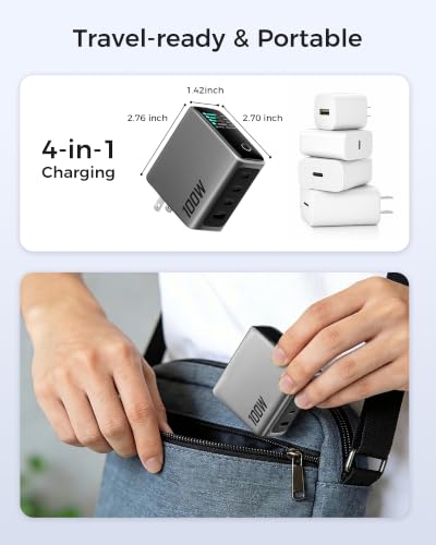USB C Charger Block 100W, 4-Port GaN Fast Wall Charger with Smart Display, Compact Adapter with Touch Control for MacBook, iPhone 17/16Series, iPad Pro,Galaxy S25/S24,Pixel, Laptop,and More