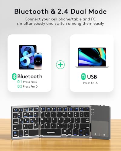 Samsers Foldable Bluetooth Keyboard with Touchpad, Ultra Slim Compact -Grey | Multi-touch Trackpad, Full Size, Phone Holder, USB-C Charging, 3 Device, for Android Windows iOS Mac OS, Mobile Productivity - color: Grey, size: 3-Device