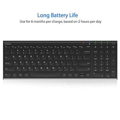 Arteck USB Wireless Keyboard Stainless Steel Ultra Slim Keyboard with Numeric Keypad for Computer/PC/Laptop and Windows 11/10/8 Rechargeable Battery