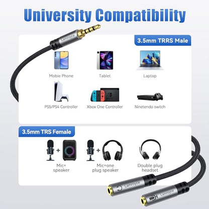 1/8inch Aux Headphone Splitter Cable 1Feet, 3.5mm TRRS 1 Male to 2 Dual TRS Female (Microphone and Audio) Y Adapter, Headphone and Mic Separator for Gaming Headset to PC, Laptop, Smartphone, PS4, Xbox - color: 3.5mm TRRS 1 Male to 2 TRS Female Splitter, s