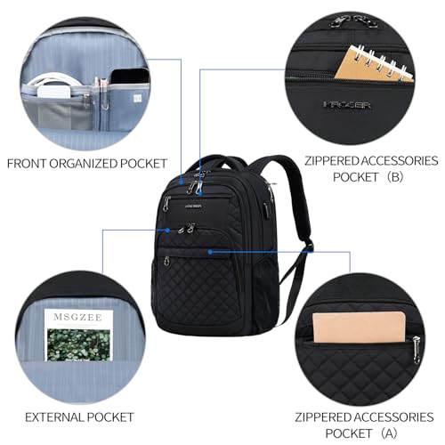 KROSER Travel Laptop Backpack 17 Inch Large Computer Backpack Black | Water-Repellent Daypack, USB Charging Port, RFID Pockets, for Work/Business/College/Men/Women, Quilted - color: Quilted Black