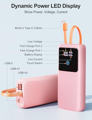 Portable Laptop Charger 24000mAh 65W w/USB C Built-in Cable Pink | 65W Fast charging, LED display, Charge 4 devices at once, Pass through, TSA approved, Compatible with Macbook/Notebook/iPhone - color: Pink