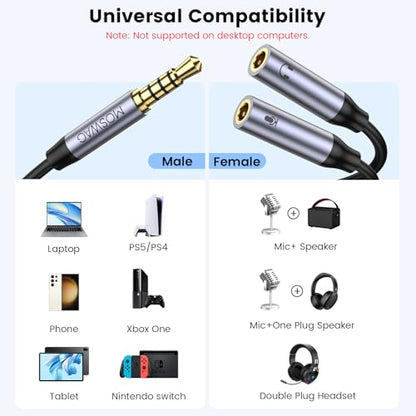 MOSWAG 3.5mm TRRS Headphone Splitter, 1 Male to 2 Female Mic Audio Y Cable | 3.5 mm male to Dual Female Headphone Mic Splitter Jack, TPE material, For Switch 2, PS5/PS4, Xbox, Laptop, Phone, Tablet