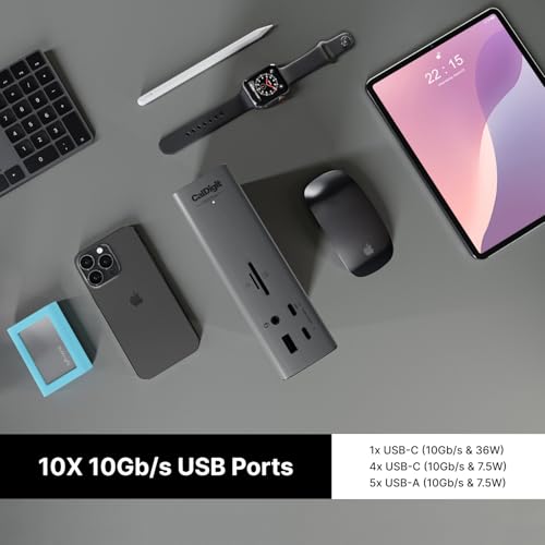 CalDigit TS5 PLUS - Thunderbolt 5 Dock - 20 Port, 10Gb Ethernet, 140W dedicated host Charging, TBT-5 x 3, USB 10Gb/s x10, Dual USB Controllers, Up to Two 8K 60Hz Displays, 1.0m Braided Cable, 330W PSU - style: TS5 Plus