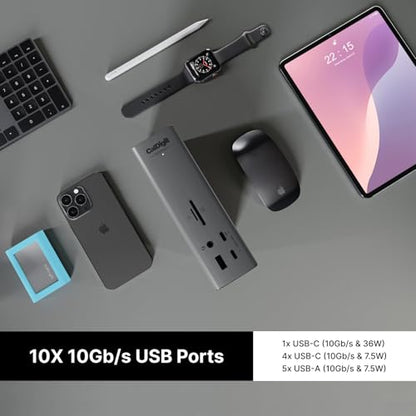 CalDigit TS5 PLUS - Thunderbolt 5 Dock - 20 Port, 10Gb Ethernet, 140W dedicated host Charging, TBT-5 x 3, USB 10Gb/s x10, Dual USB Controllers, Up to Two 8K 60Hz Displays, 1.0m Braided Cable, 330W PSU - style: TS5 Plus