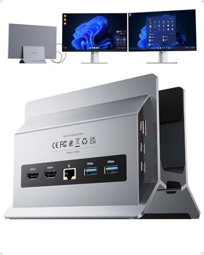 USB C Docking Station Dual Monitor 4K@60Hz, Laptop Dock with Vertical Stand | PULWTOP 11-in-1 Laptop Docking Station with USB-C&USB-A 10Gbps, Gigabit Ethernet, PD for Dell/Lenovo/Windows Laptops, Gray - color: Gray
