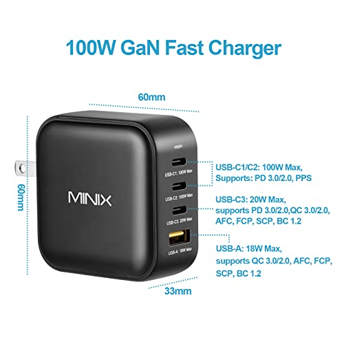 MINIX NEO P3 100W Turbo 4-Port GaN Wall Charger, 3 x USB C port Fast Charging Power Adapter(Max 100W/20W), 1 USB-A (Max 18W). Compatible with MacBook Pro Air, iPad Pro, iPhone 17/16 Pro Max,Galaxy S23