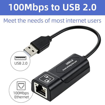Ethernet to USB,USB to Ethernet Adapter,100Mbps to USB 2.0，Network Adapter for Laptop Computer,Desktop Computer,MacBook Pro,Compatible with Windows, macOS, and Linux