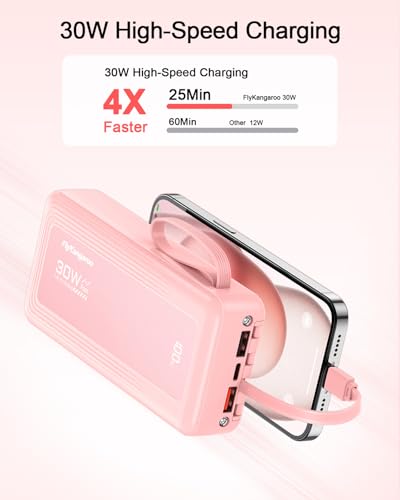 Portable Charger 27000mAh 30W Fast Charging Power Bank | Built-in Cables, LED Display, 6 Outputs & 2 Inputs, USB C Battery Pack, Compatible with iPhone, Samsung, Google - color: Pink, size: 27000Mah