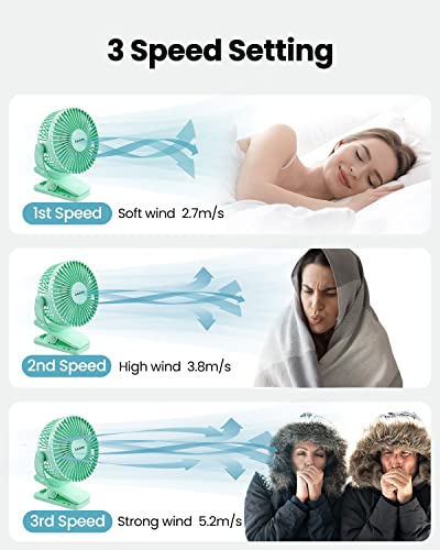Gaiatop Portable Clip on Fan Battery Operated, Small Powerful 3 Speed Quiet 360° Rotate, USB Rechargeable Mini Personal Cooling Fan for Desk Table Home Office Stroller Camping Women Gifts Green | Battery Operated, Small 3 Speed Quiet 360° Rotate, Cooling