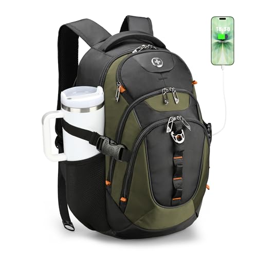 Swissdigital Design Laptop Backpack with USB Charging Port, Travel Backpack Fits 15.6 inches Computer, 31L College School Backpack for Men, Olive/Black | SD803-26 - color: Olive/Black