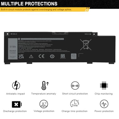 (11.4V 51Wh) 266J9 MV07R Battery Replacement for Dell G3 15 3500 3590 3790 G5 15 5500 SE 5505 P89F Inspiron 5490 INS 15PR-1545W 1548BR 1645W 1742BR 1742W Series 0415CG C9VNH PN1VN M4GWP 0M4GWP 0JJRRD - size: 9.44*2.64*0.31inch