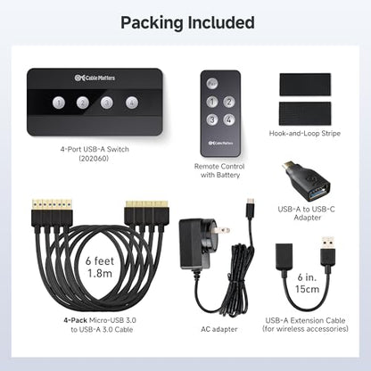 Cable Matters 4 Port USB 3.0 Switch USB Sharing Switch for 4 Computers and USBA Peripherals Including Keyboard, Mouse & Hard Drive, with a USBC Adapter for USBC USB4 and Thunderbolt 4/5
