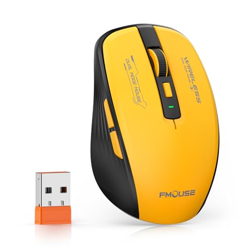 FMOUSE Wireless Mouse, Bluetooth & 2.4GHz Dual Mode, No Charging Needed (AA Battery), Silent Click, Side Shortcut Keys, 4-Level DPI, Compact for MacBook Laptop iPad PC – Yellow & Black - color: Yellow and Black