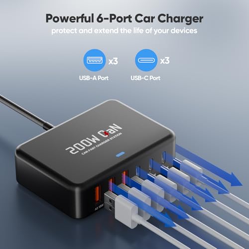 USB C Car Charger, 200W GaN 6-Port USB C Car Charger for MacBook Pro/Air, Dell/Lenovo Laptop, PD3.0/PPS for iPhone 17/16/15 Series, iPad, Samsung Galaxy S25 Ultra / S24 Series and More