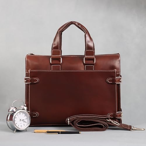 Leather Laptop Briefcase for Men - Classic Brown, 3 Zipper Pockets, 2 Spacious Compartments, Fits 16-inch Laptop (16x12x4 inches), Adjustable Strap