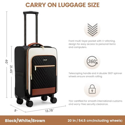 LOVEVOOK Carry On Luggage 22x14x9 Airline Approved,20 Inch Carry-on Suitcase for Women,Softside Suitcases with Wheels,Rolling Checked Luggage with TSA Lock,Lightweight Travel - color: Black/White/Brown, size: 20 inch-carry-on-1pc