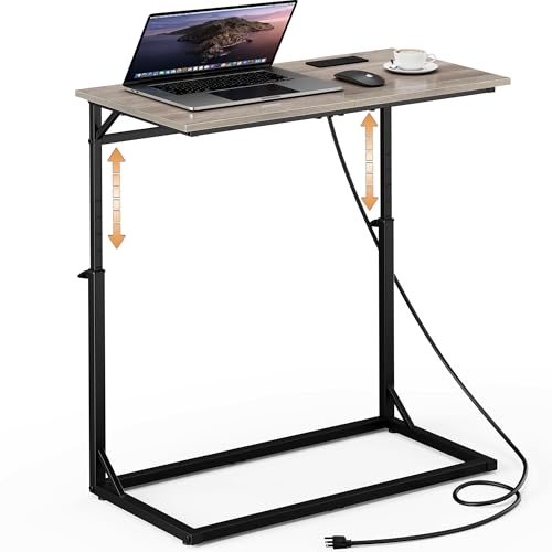 C Shaped End Table with Charging Station, C-Table End Table Adjustable Height Side Table for Couch, Large Couch Table, Slide Under Couch Table TV Tray Table for Sofa,Living Room,Bedroom, Grey - color: Greige, style: With Plug