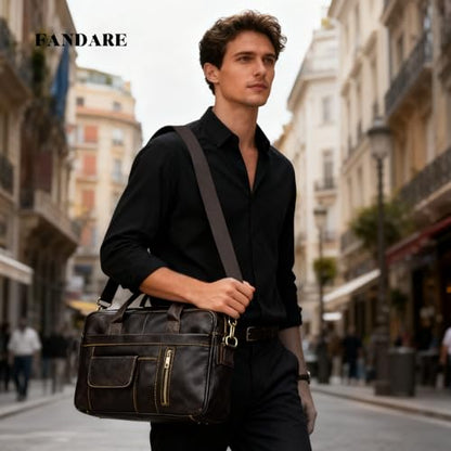 FANDARE Laptop Tote Bag for Men Full Grain Leather Briefcase Business Tote Messenger Handbag - color: Brown