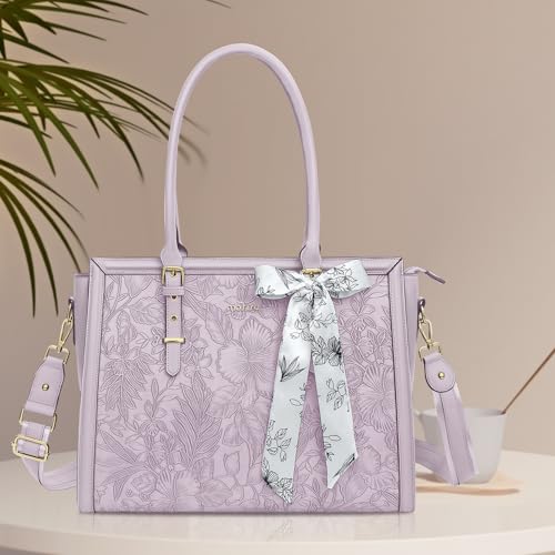 MOSISO Laptop Bag for Women, 17-17.3 inch PU Leather Tote Bag | Compatible with MacBook, HP,Dell, Front Embossed Retro Hibiscus Computer Bags with Silk Scarf&Clutch Purse, Dusty Lilac - color: Dusty Lilac, size: 17.3 inch