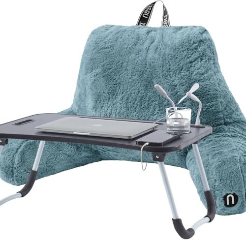 Nestl Fur Reading Pillow with Laptop Lap Desk, Stylish Back Pillow for Sitting Up, Lap Desk with Reading Pillows for Sitting in Bed Adult & Kids, Faux Fur Chair Pillow with Arms - Stone Blue - color: Stone Blue, size: Reading Pillow + Lap Desk