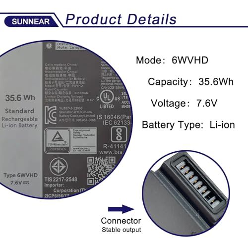 6WVHD 451-BDDY Laptop Battery 35.6Wh Replacement for Dell Latitude 7230 Rugged Extreme Tablet Dell T06H T06H001 Series Notebook 6WVHD FNW8F 0VDDJY VDDJY 0JM6CX JM6CX 7.6V 4-Cell - size: 9*5*1 inches 6WVHD