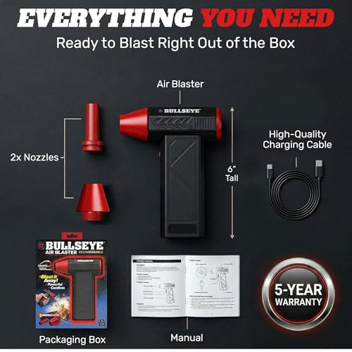 BULLSEYE Blaster 130000 RPM Electric Air Duster, Rechargeable Cordless Compressed Air Blower for Computer Cleaning, Keyboard, Electronics, Car Detailing, 3 Speed Turbo, 2 Nozzles – As Seen on TV