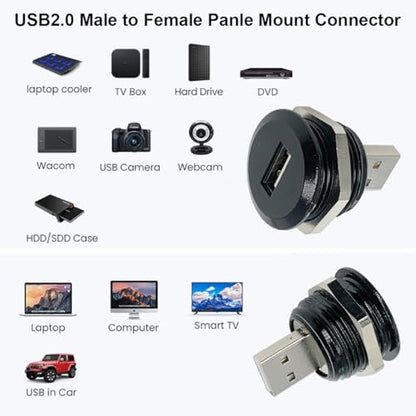 PENGLIN 2PCS USB2.0 Male to Female Panel Mount Connector with Nut Fixing | Tough Zinc Alloy Body,480Mbps Data Transfer,With Waterproof/Dustproof cap,Fits 86 Panels - size: USB 2.0(2PCS)-Single port