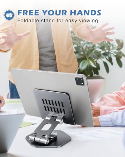 Tablet Stand, Aluminum Desktop Holder, Compatible with 5-12.9" iPad, Grey | 360° Swivel Adjustable Viewing Angles; Sturdy All-Aluminum Design Improve heat dissipation; Foldable and Storage; - color: Grey
